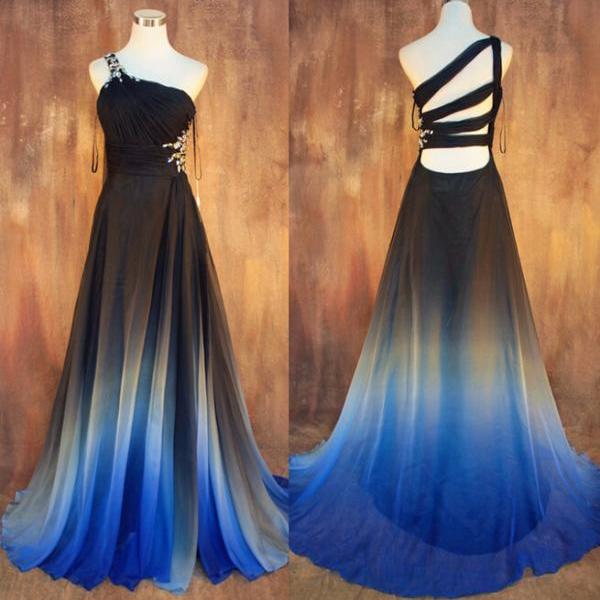 New Gradient Ombre Chiffon Prom Dresses 2018 Sexy Backless Beading Evening Dress One Shoulder Pleats Women Dress