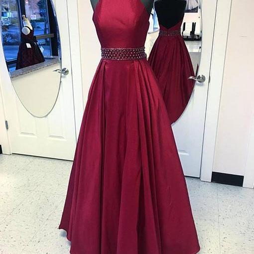  Burgundy round neck long prom dress, burgundy evening dress 
