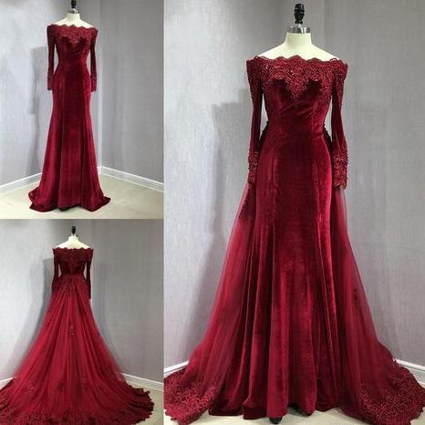 Mermaid Satin Off Shoulder Maxi Evening Dresses with Lace Appliques & Sweep Train main image 1