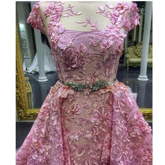 Detachable Train Prom Dress 2019 Luxury Pink Mermaid Lace Appliqued Formal Evening Gowns Short Sleeve Jewel Neckline Party Dress