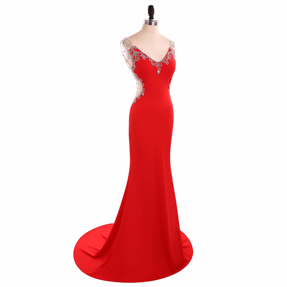 Fashion V Neck Mermaid Satin Lace Beaded Red Long Evening Dresses Gowns ...