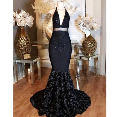 Sexy Black Girls Mermaid Prom Dresses 2018 Lace Halter Deep-v-neck ...