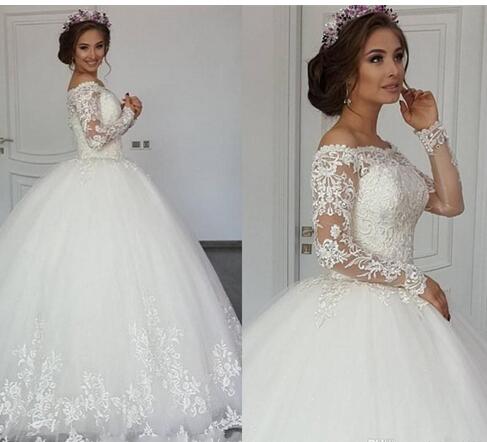 New Wedding Dresses Off Shoulder Bridal Ball Gowns Arabic Princess Winter Lace