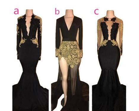 Sexy Gold And Black Long Sleeve Lace Prom Dresses Jewel Mermaid Floor Length Sash Satin Prom Dress Formal Women Evening Party Gowns